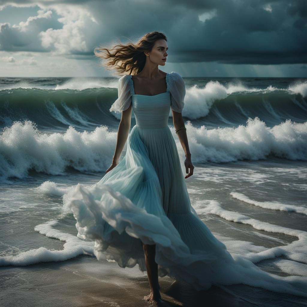 Woman in Cloud Dress on Waves, Realistic 8K