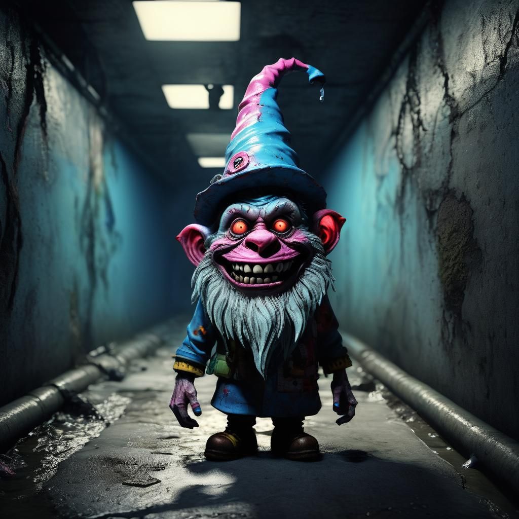 Zombie Clown Gnome in Sewer: Hyper-Realistic Digital Art