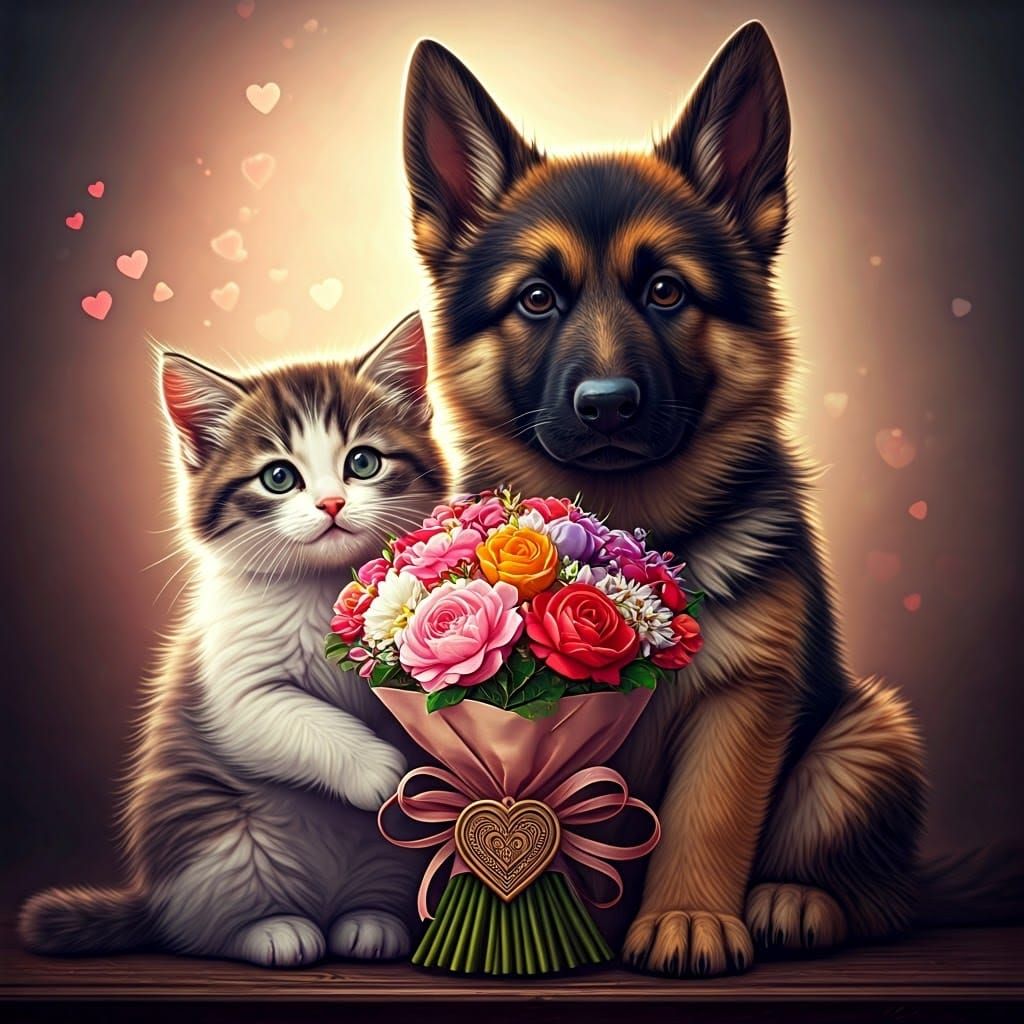 Whimsical Kitten and German Shepherd Share Bouquet on Valent...