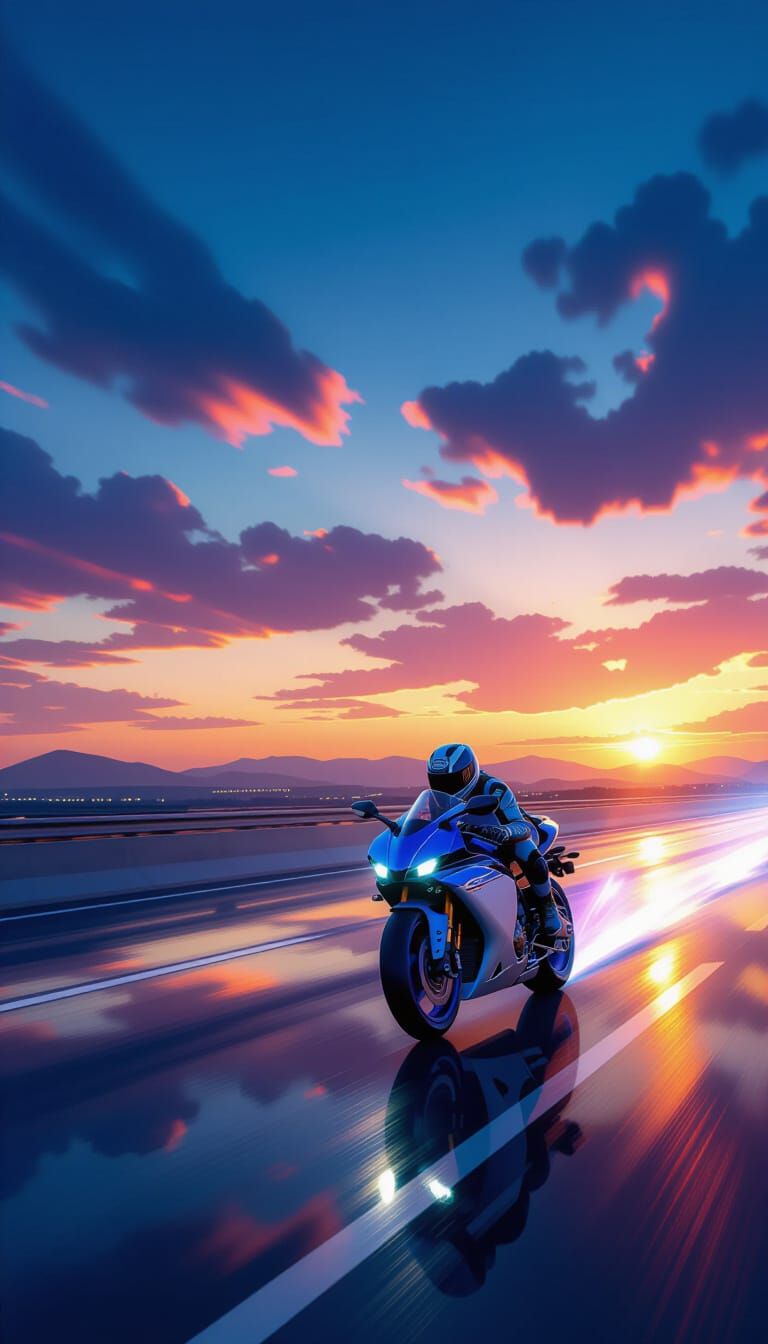 Yamaha R1 at Dusk: Futuristic Highway Scene