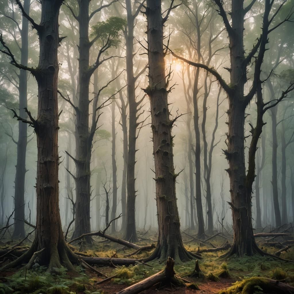 Misty Forest Landscape: Dead Trees Recovering Life