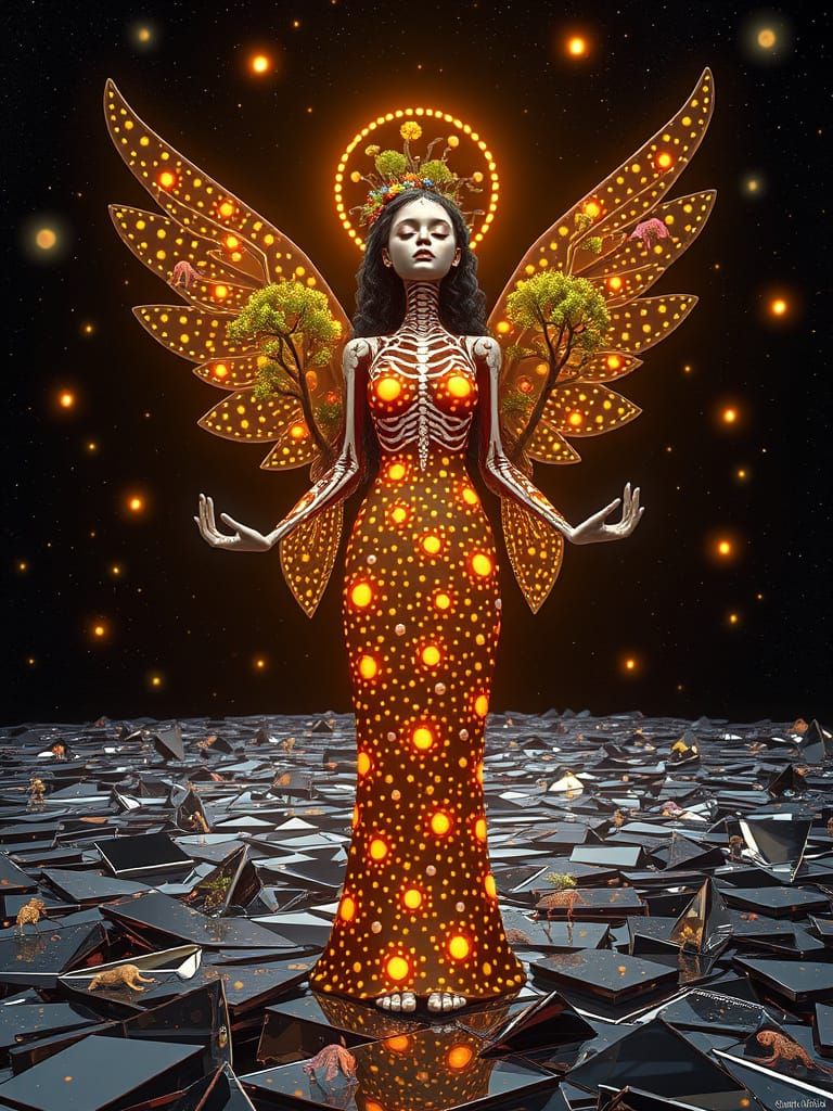 Dreamlike Angel of Death in Whimsical Dots Landscape