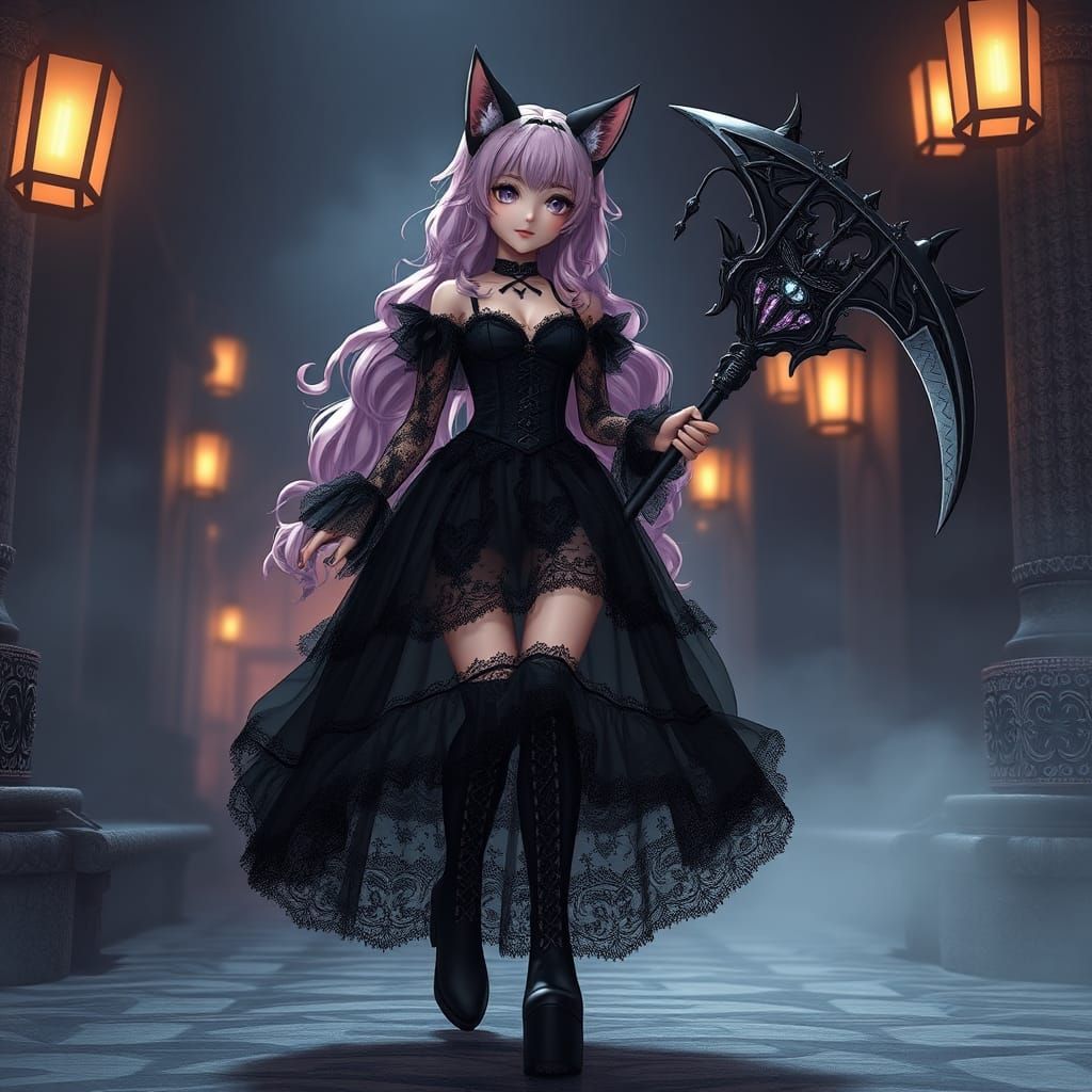 Catgirl Reaper in Ethereal Underworld: Anime Concept Art