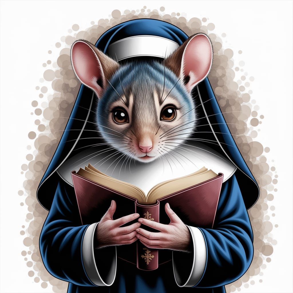 Mouse Nun Reads Bible, Hyperrealistic Airbrush Illustration