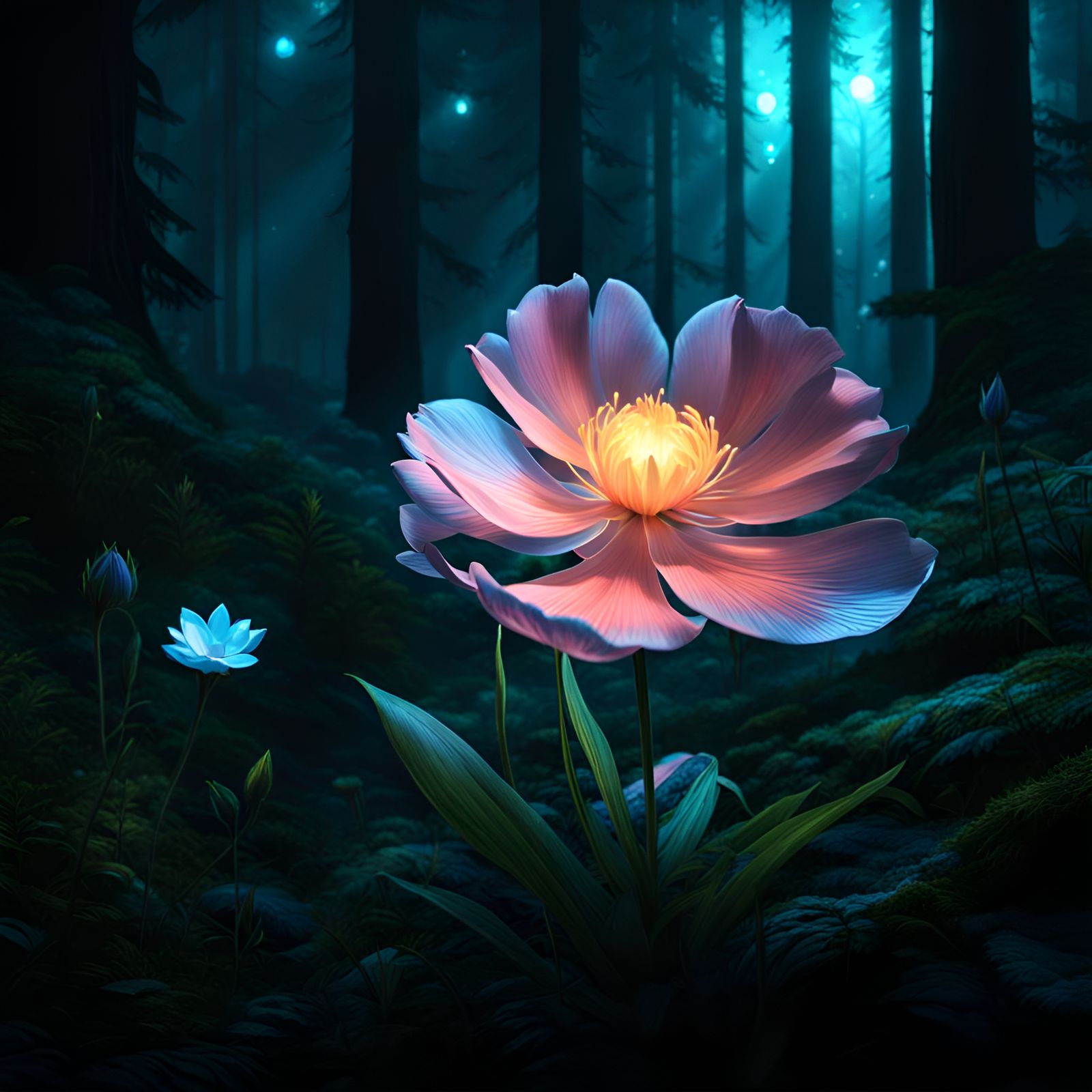 Magical Glowing Flower in Dark Forest Scenery