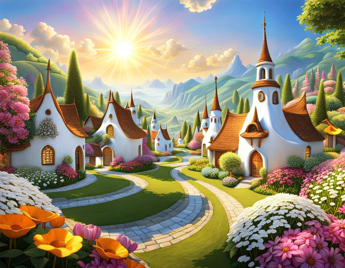 Utopian Village Scene in Whimsical 3D Render