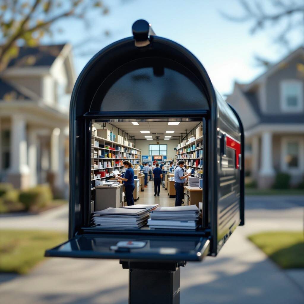Mailbox Portal to Busy Post Office Interior