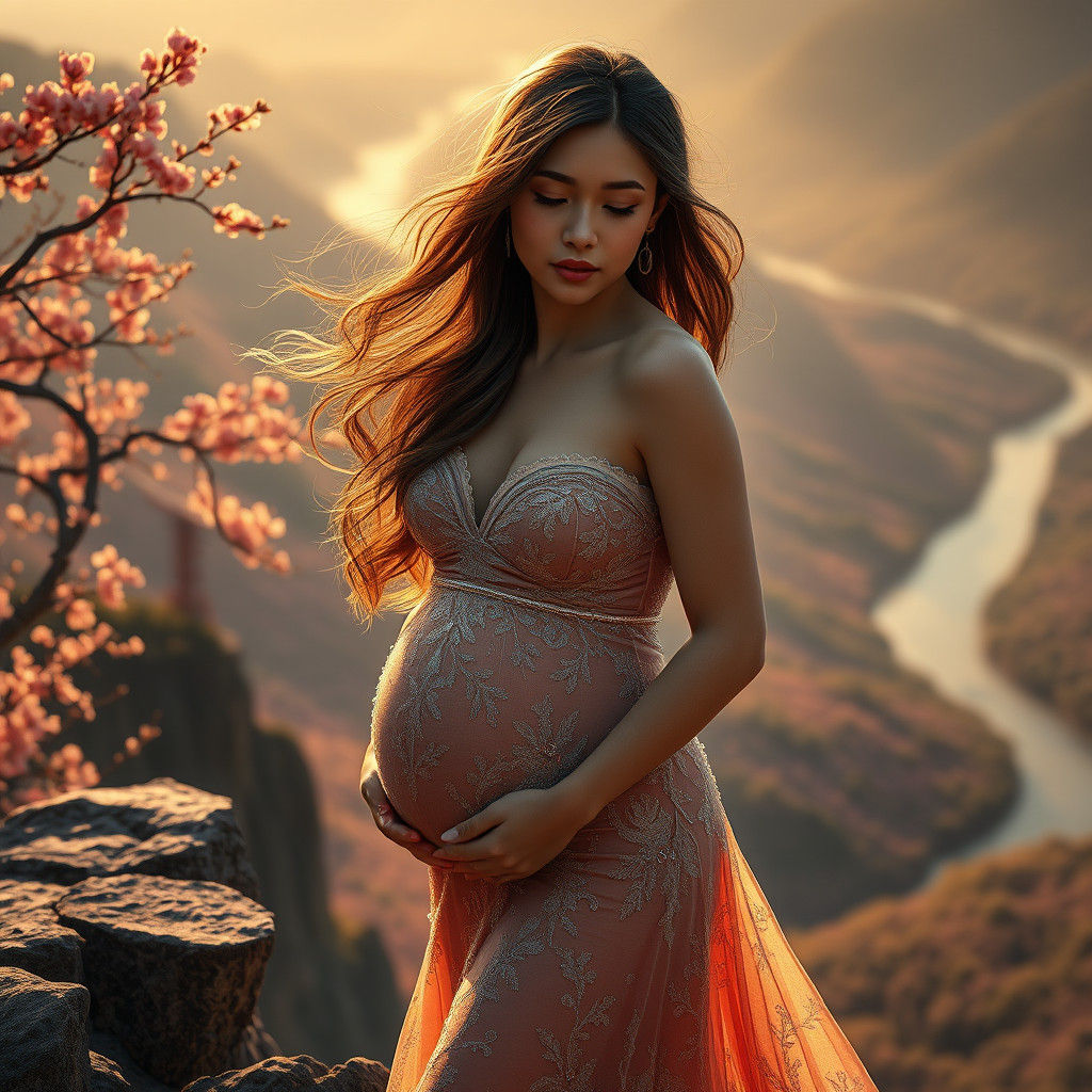 Pregnant Woman in Gown with Sakura Forest Backdrop