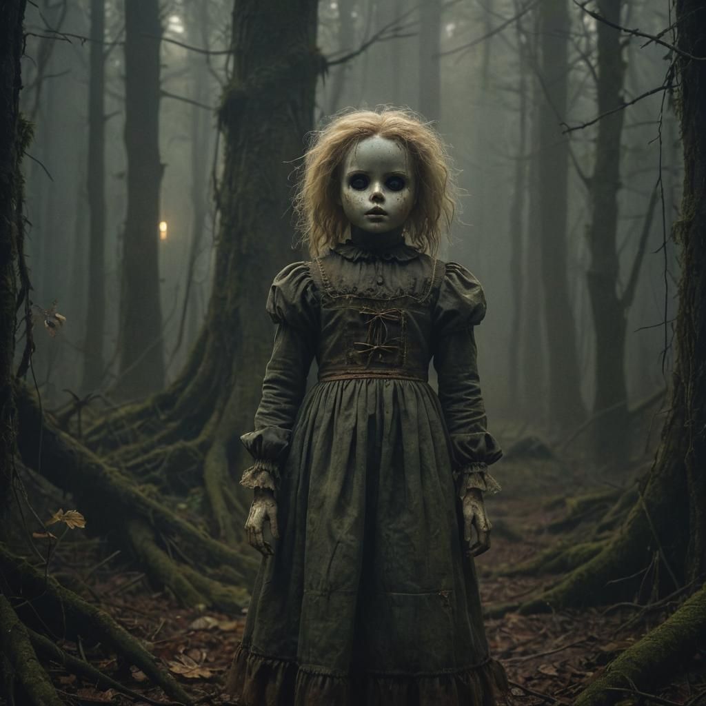 Eerie Doll in Misty Forest: Dark Fantasy Illustration