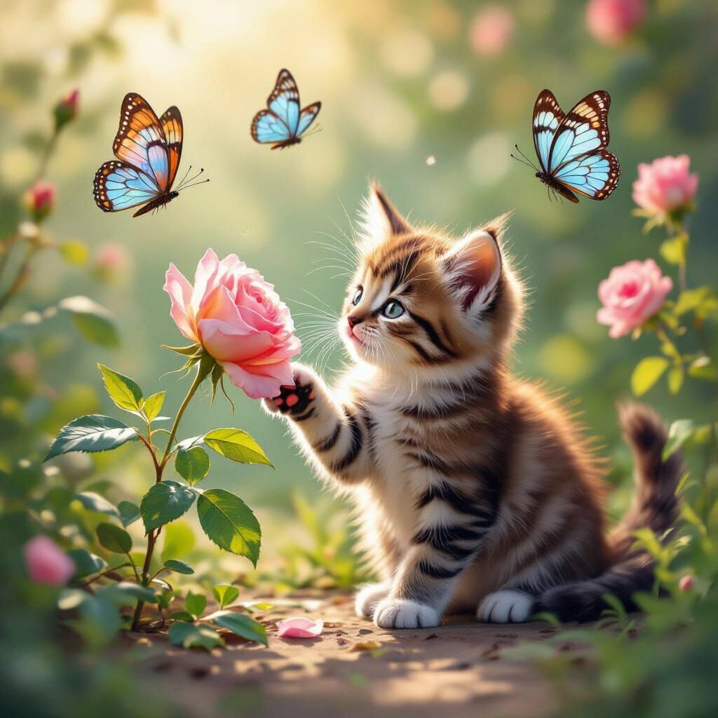 Kitten Playing with Rose in Watercolor Garden