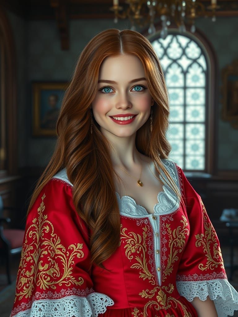 Red-Gowned Woman in Opulent Home, Matte Painting Style