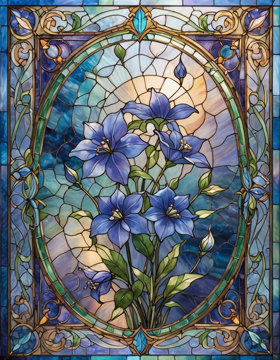 Ethereal Stained Glass Art with Blue Balloon Flower