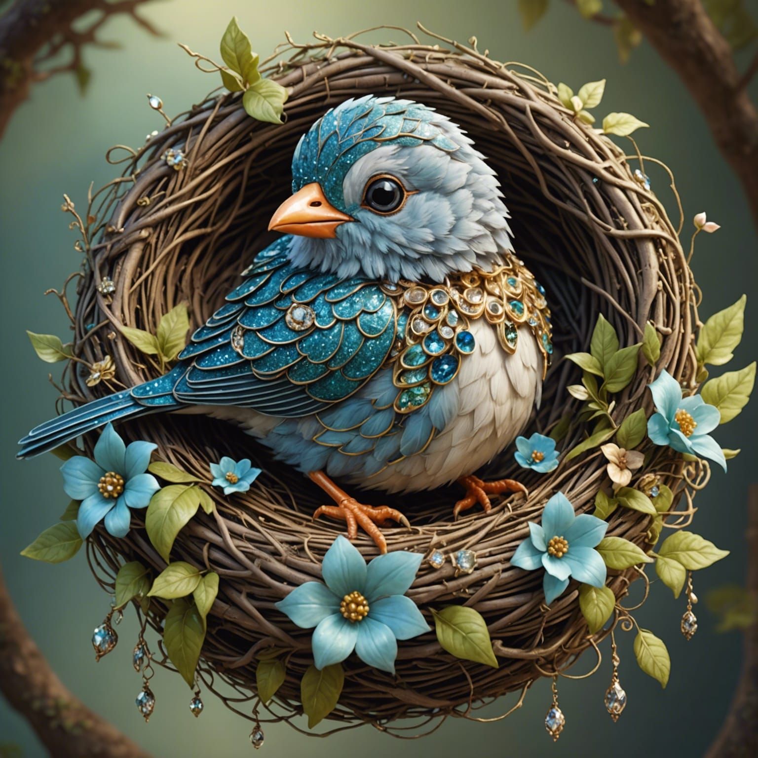 An ultra cute fantasy baby bird in a fantastic bird nest bei...