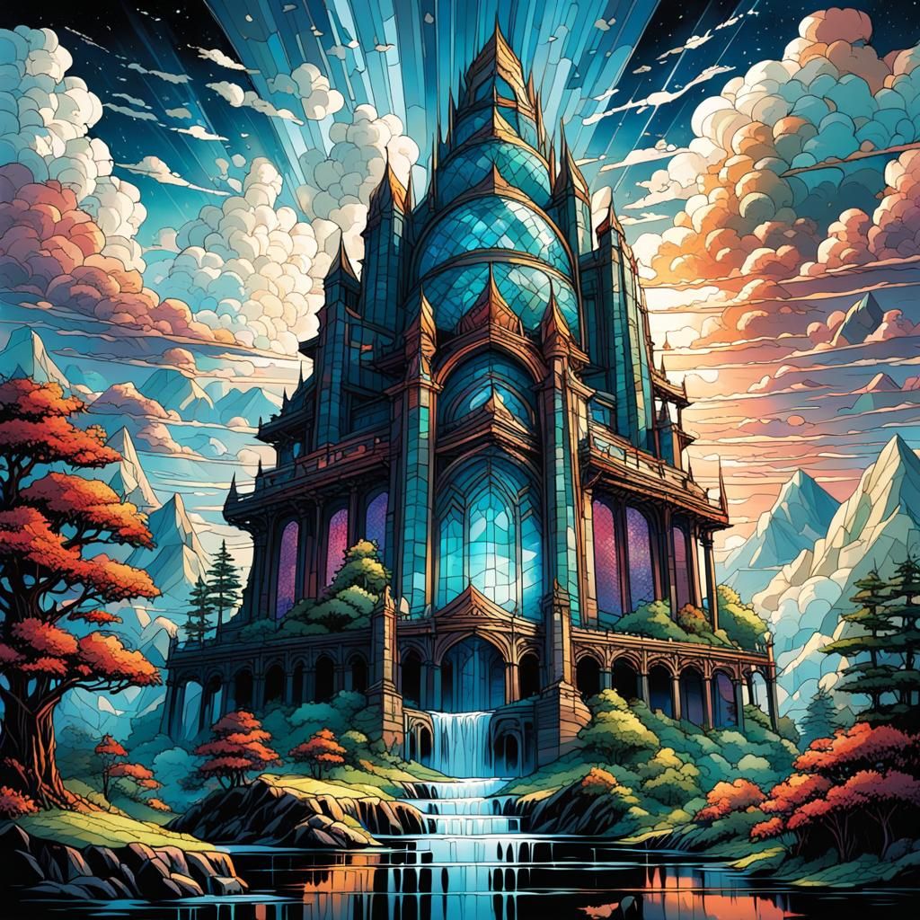 Vibrant Stained Glass Temple on Mountain Top