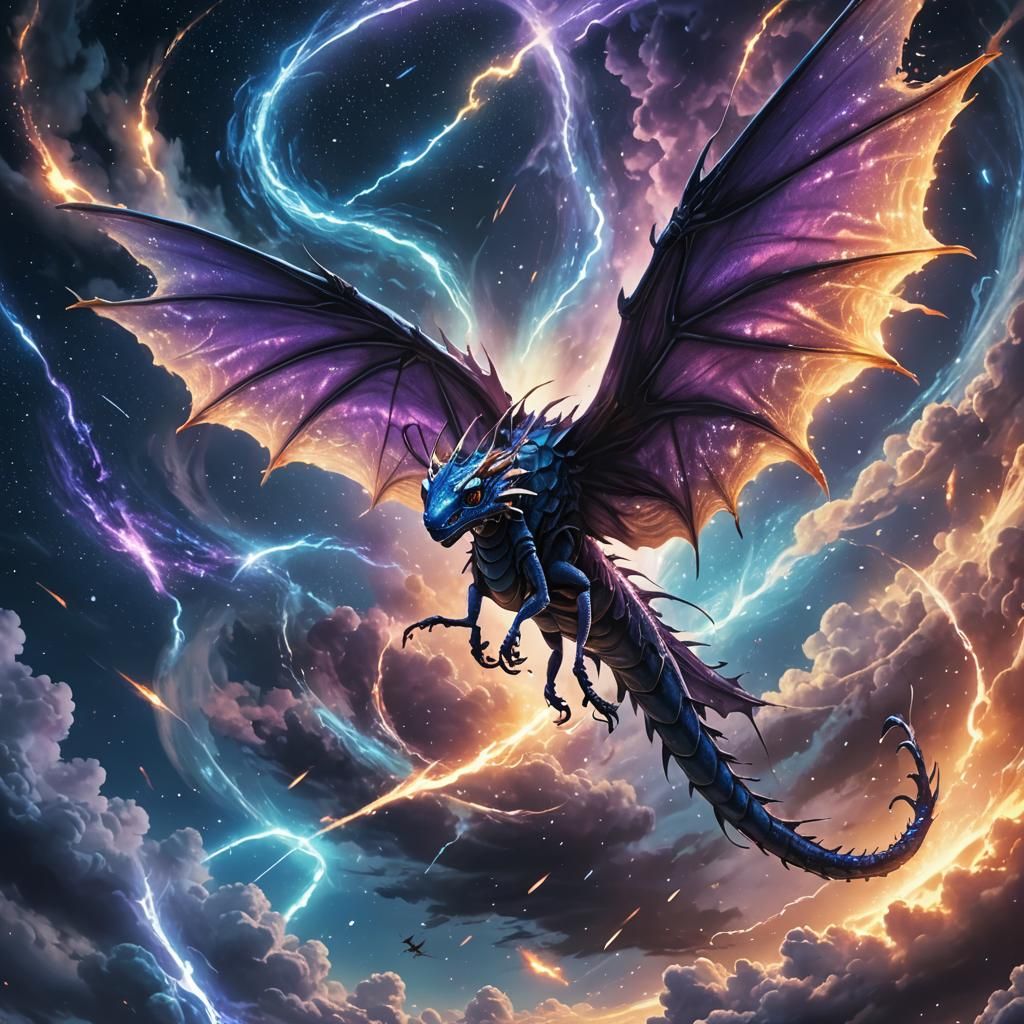Anime Dragon Soaring Through Tornado in Starry Night