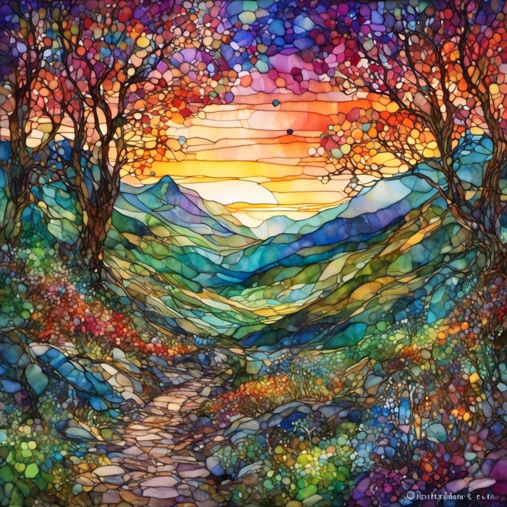 Stained Glass Mountain Landscape at Morning