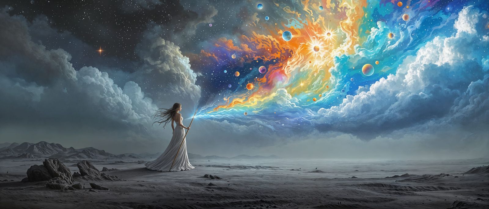 A Woman Weaves a Vibrant Sky in a Desolate Landscape, in Dig...