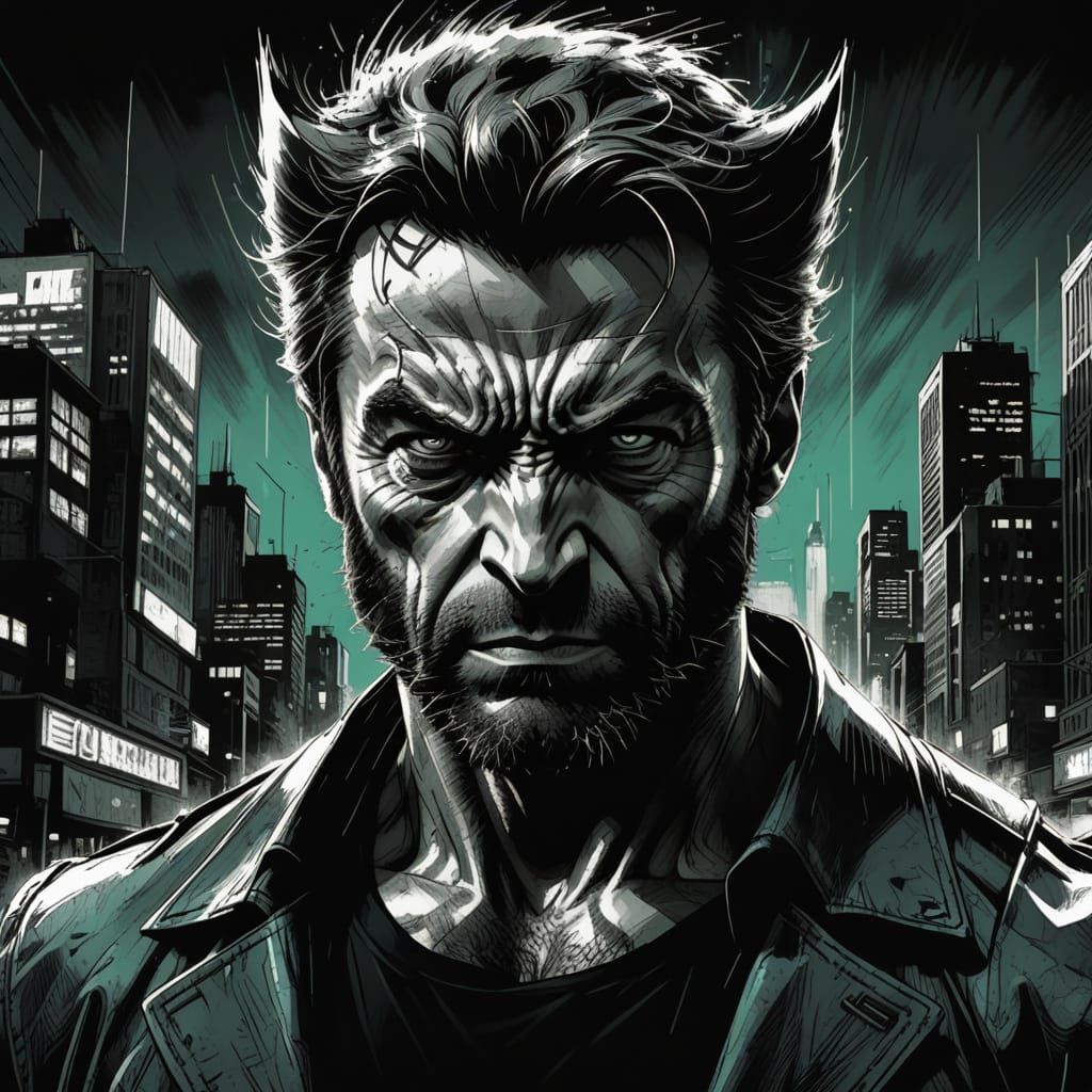 Wolverine Amidst a Cityscape in Bold Charcoal