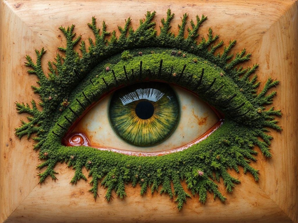 Pyrographically Whittled Moss Portrait in the Intensely Finite Days When the Walls Had Eyes and 3D Doodlecraft Was a Way...