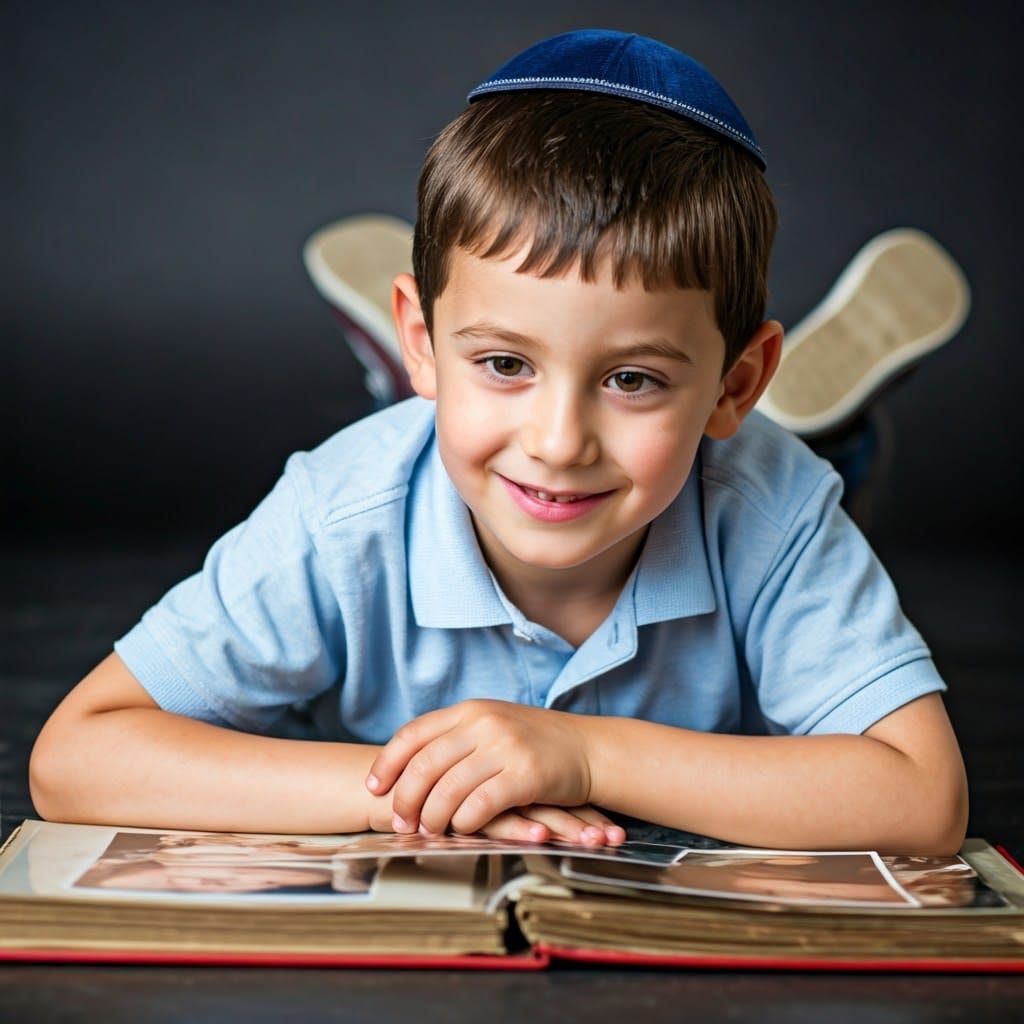 Smiling Boy Flipping Through Vintage Photo Album with Joy
