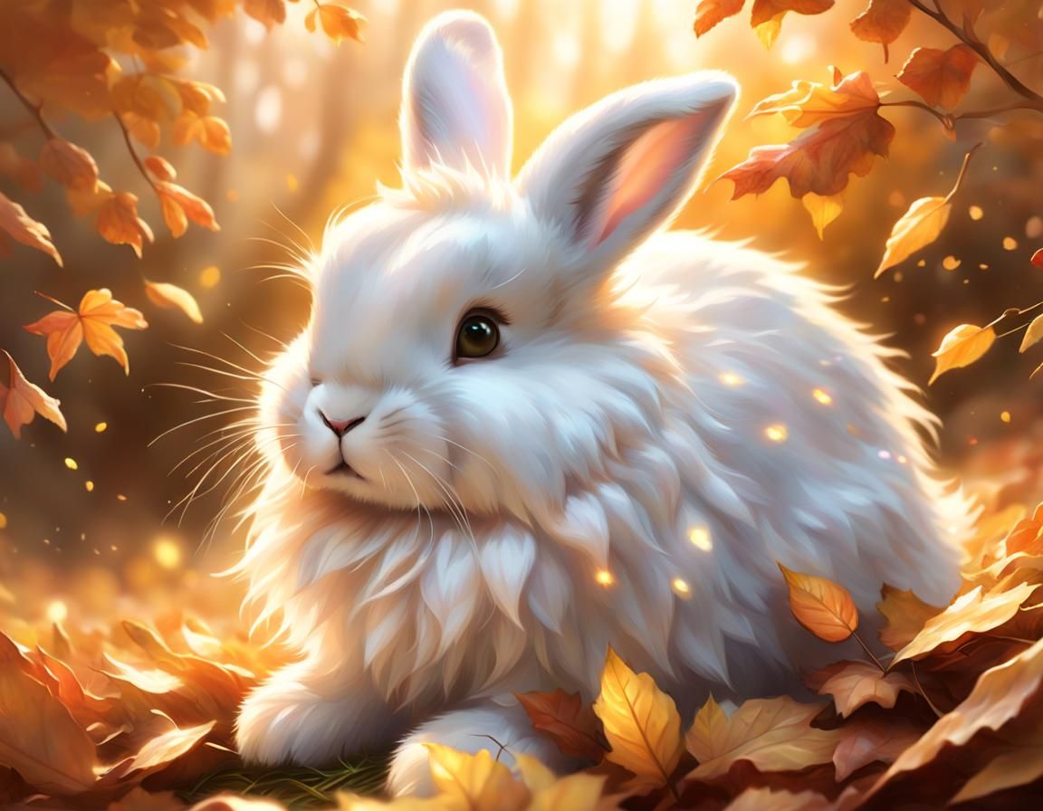 Bunny Snuggles in Autumn Leaves: Hyperrealistic Digital Pain...