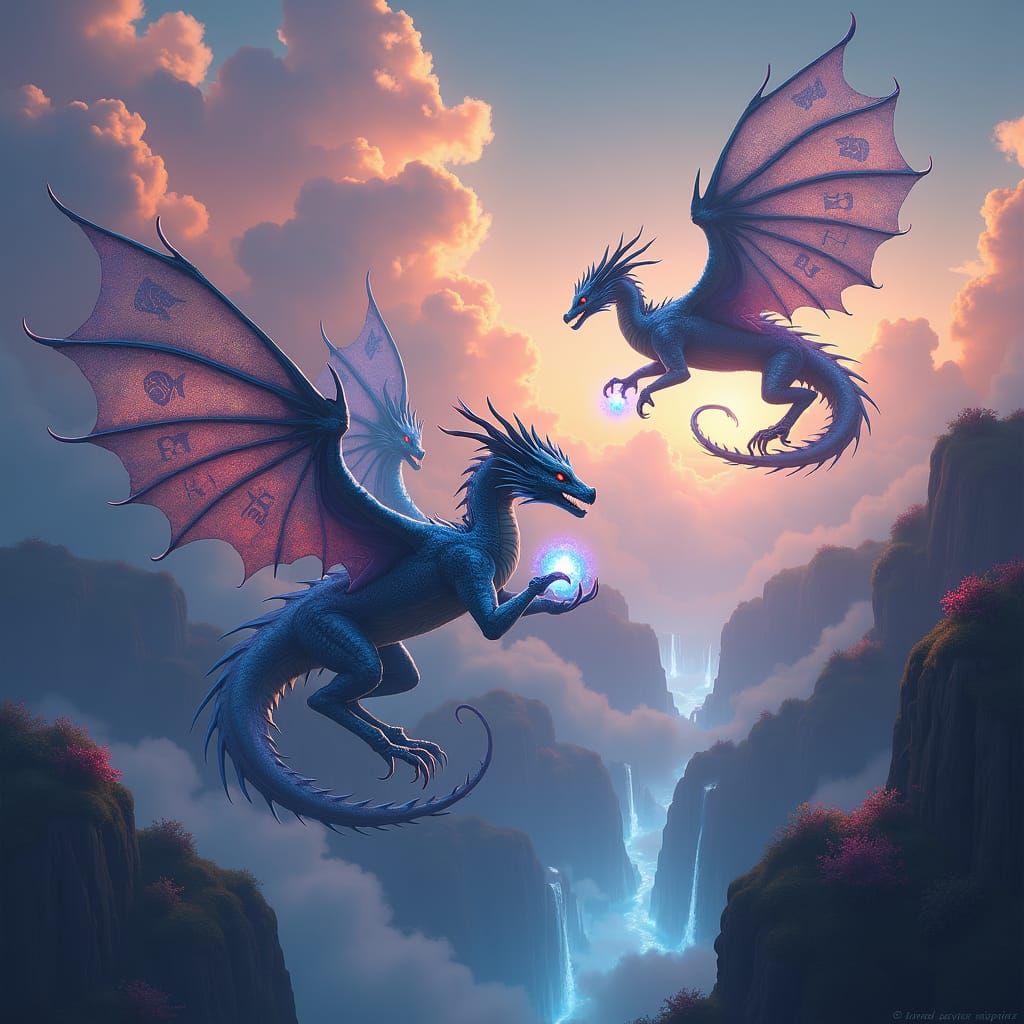 Mythical Dragons Soaring Through Twilight Sky