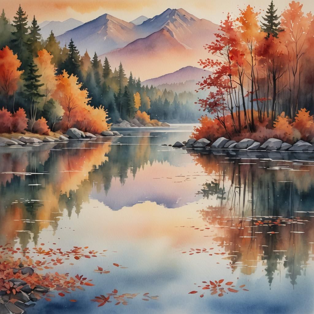 Peaceful Autumn Lake in Watercolor Painting Style