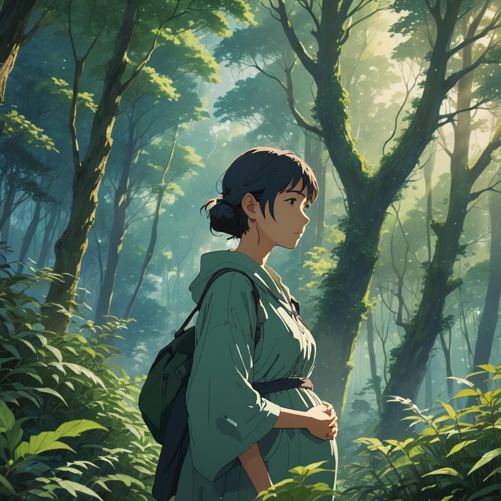 Pregnant Woman in Forest: Anime Key Visual