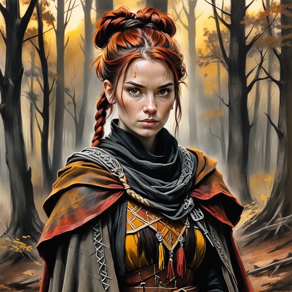 Medieval Ranger Maiden in Charcoal Drawing