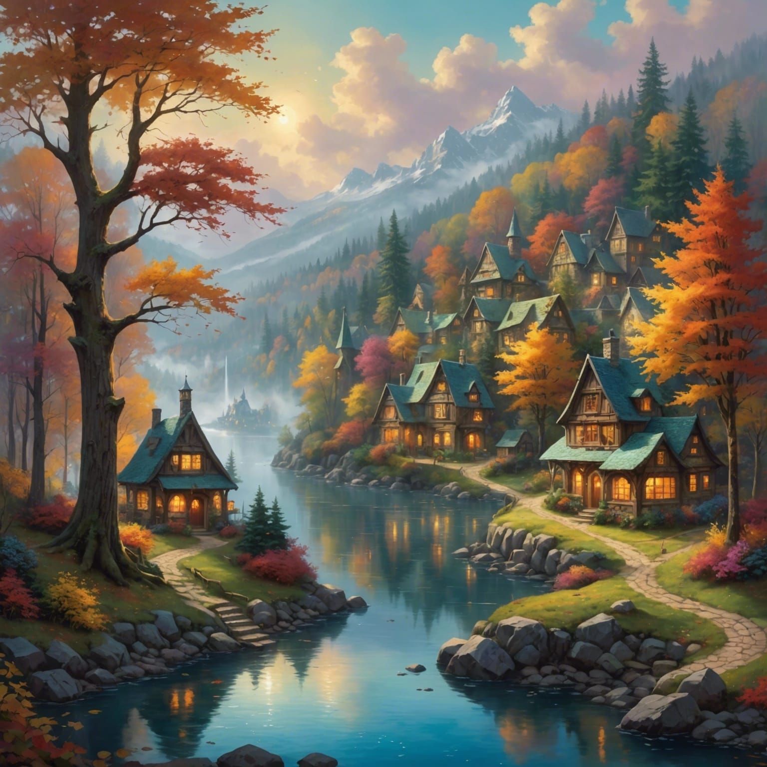 Enchanting Tree Village in Autumnal Forest