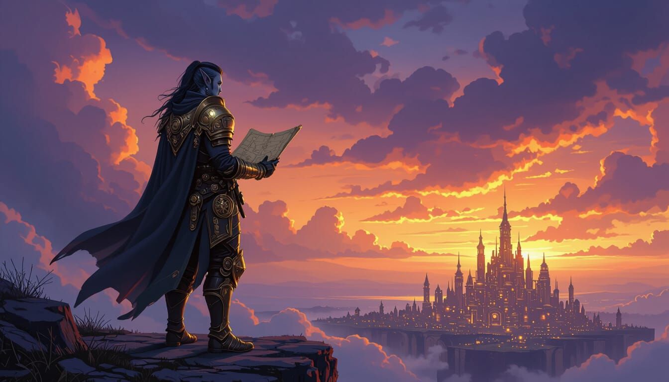 Elf Warrior Overlooks Steampunk City on Windswept Cliff