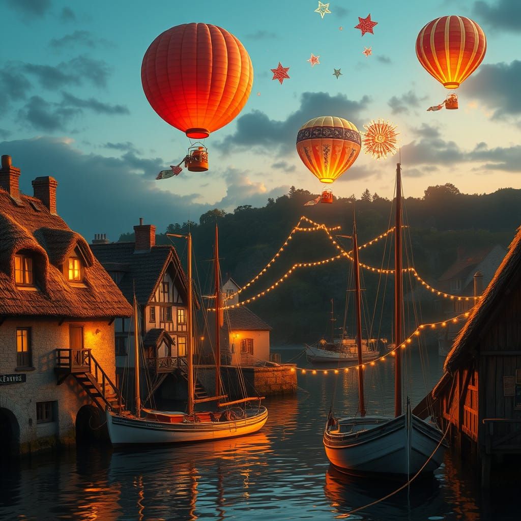 Breton Fishing Village at Dusk with Festive Celebration