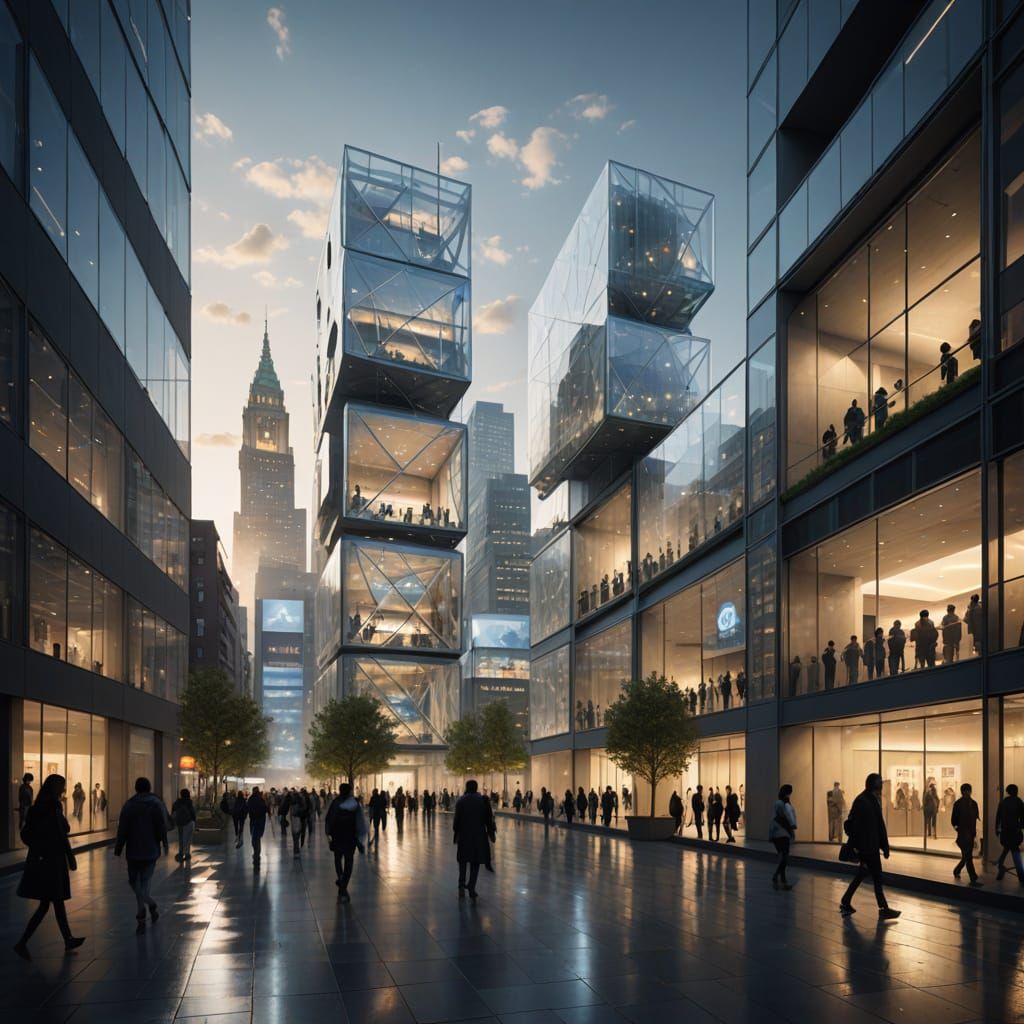 Surreal Futuristic Metropolis in Luminous Cubic Architecture