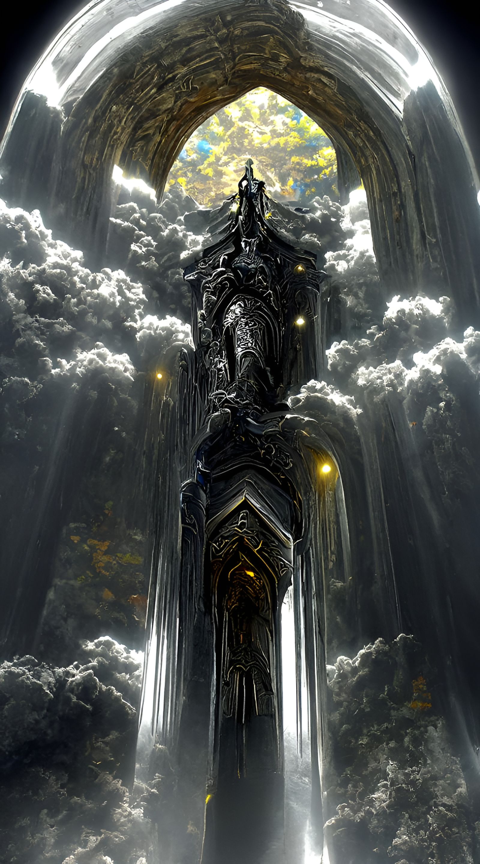 Winged Valkyrie Between Pillars: Digital Illustration