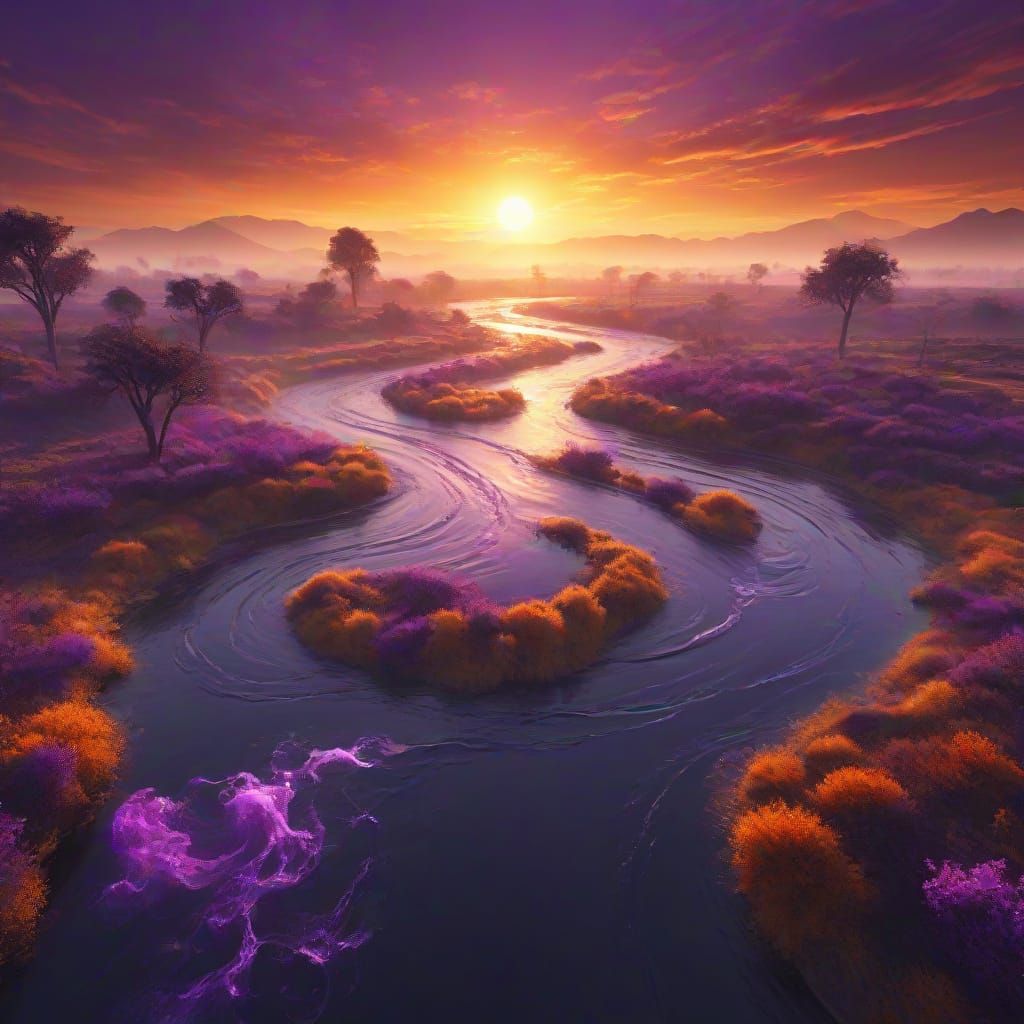 River of Time Under Black Sun: Dreamlike Digital Art