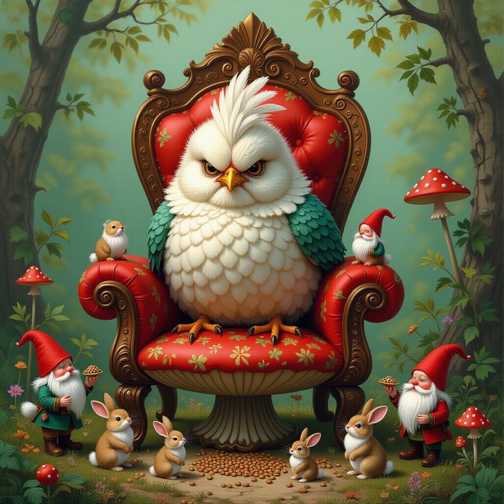 Grumpy Chick on Mushroom Throne in Bosch Style