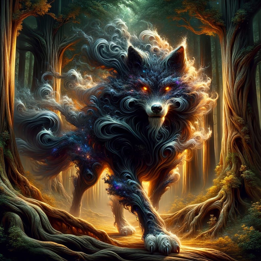Mythical Vaporous Wolf in Ancient Forest