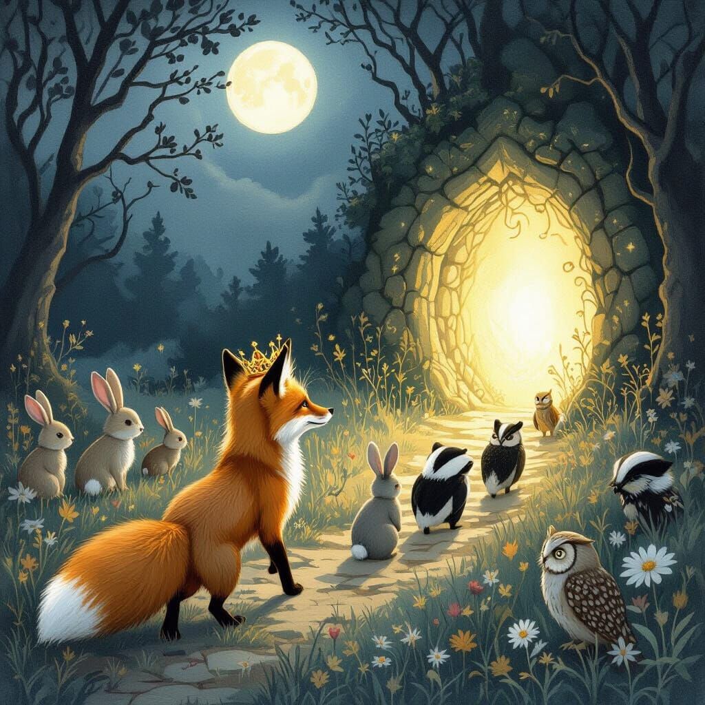 Fox King Leads Woodland Creatures Through Moonlit Meadow