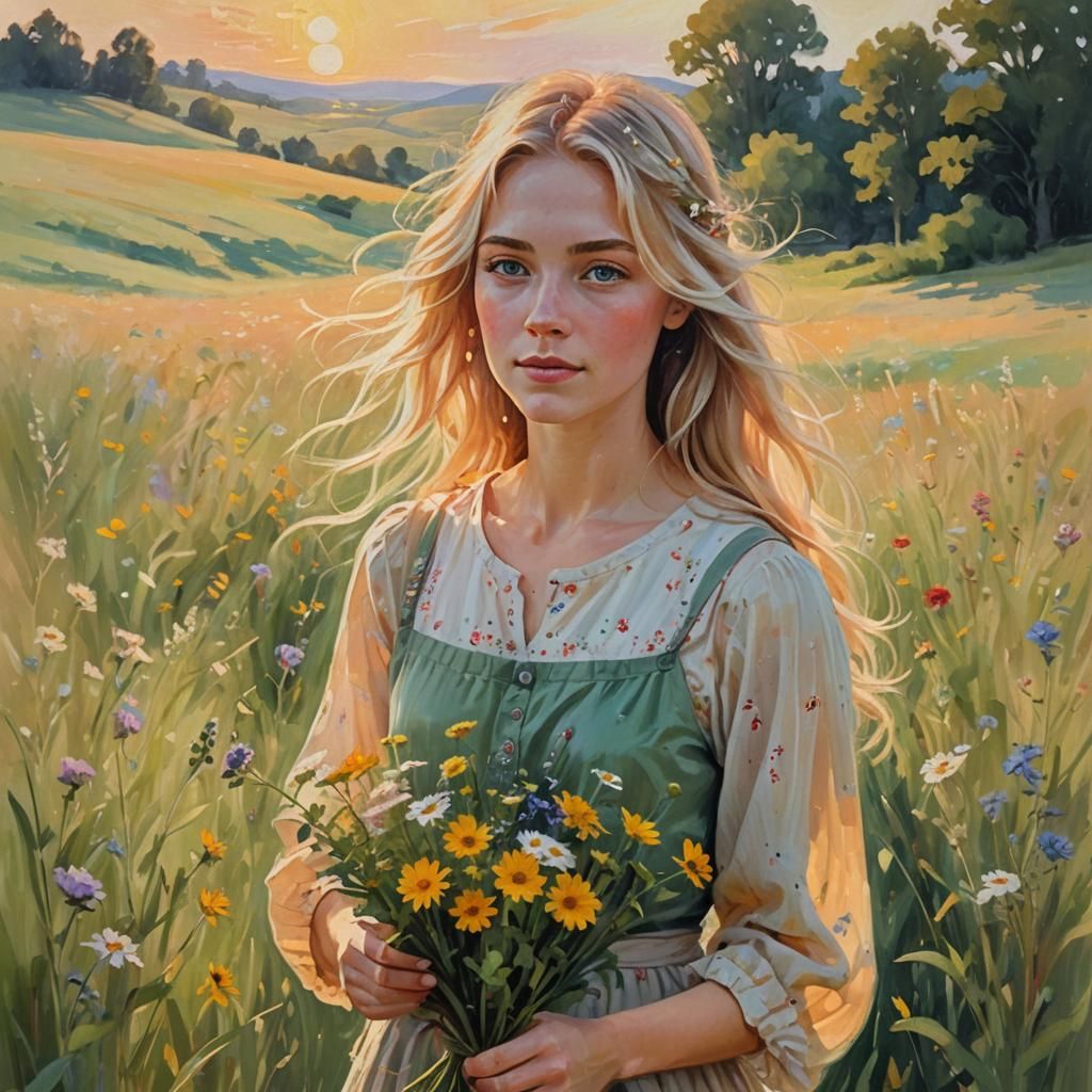 Woman Picking Wildflowers as Impressionist Painting