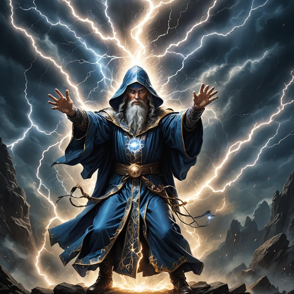 Blue-Robed Wizard Casting Lightning Bolt