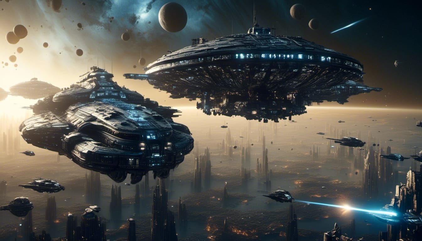 Futuristic Battleship Over Planetary City