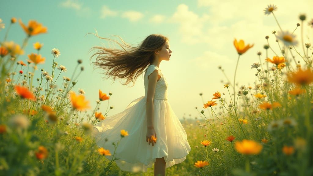 Girl in Meadow, Art Nouveau Style