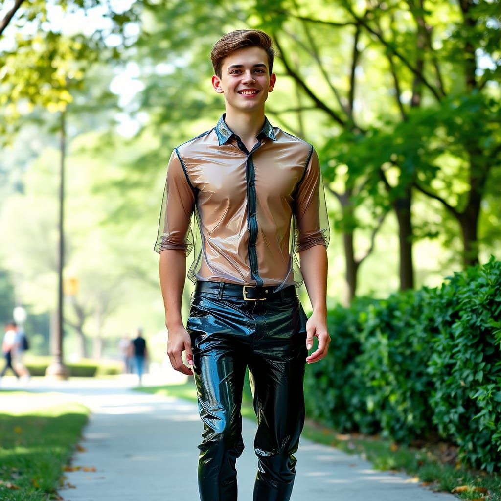 Man in Latex Walks Through City Park