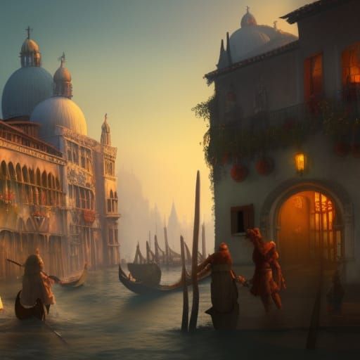 Fantasy Venice Street Scene with Dragon