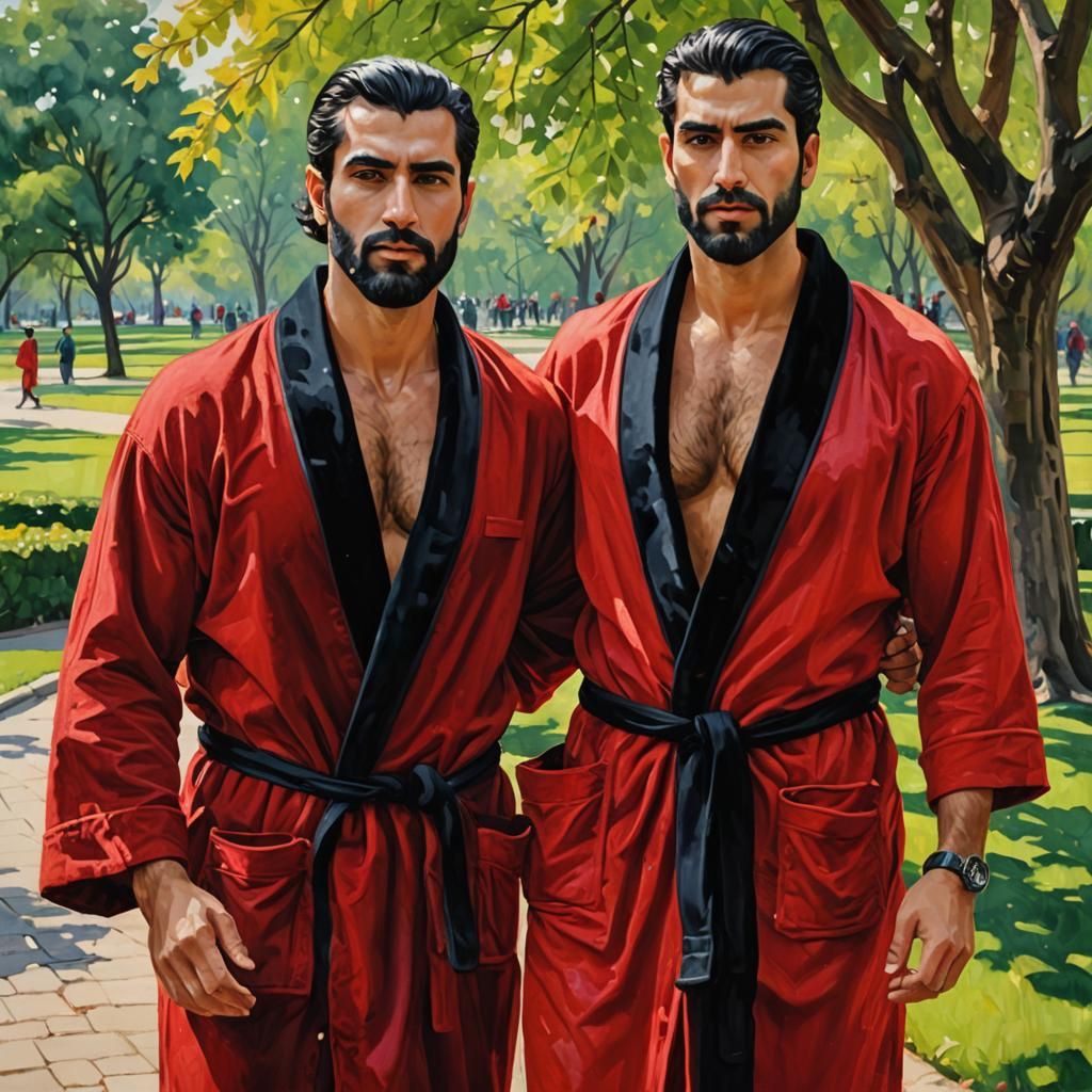 Two Handsome Men in Red Robes, Neo-Impressionism Oil Paintin...