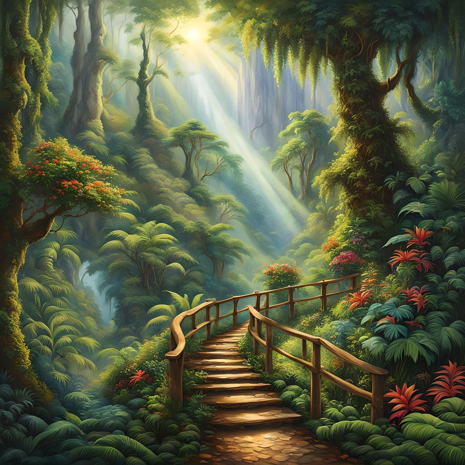 Luminous Rainforest Painting in Watercolor Style