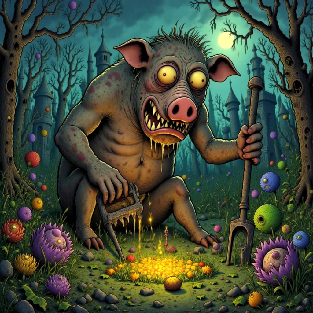 Orc Gardener Tends Luminous Flowers in Moonlit Garden