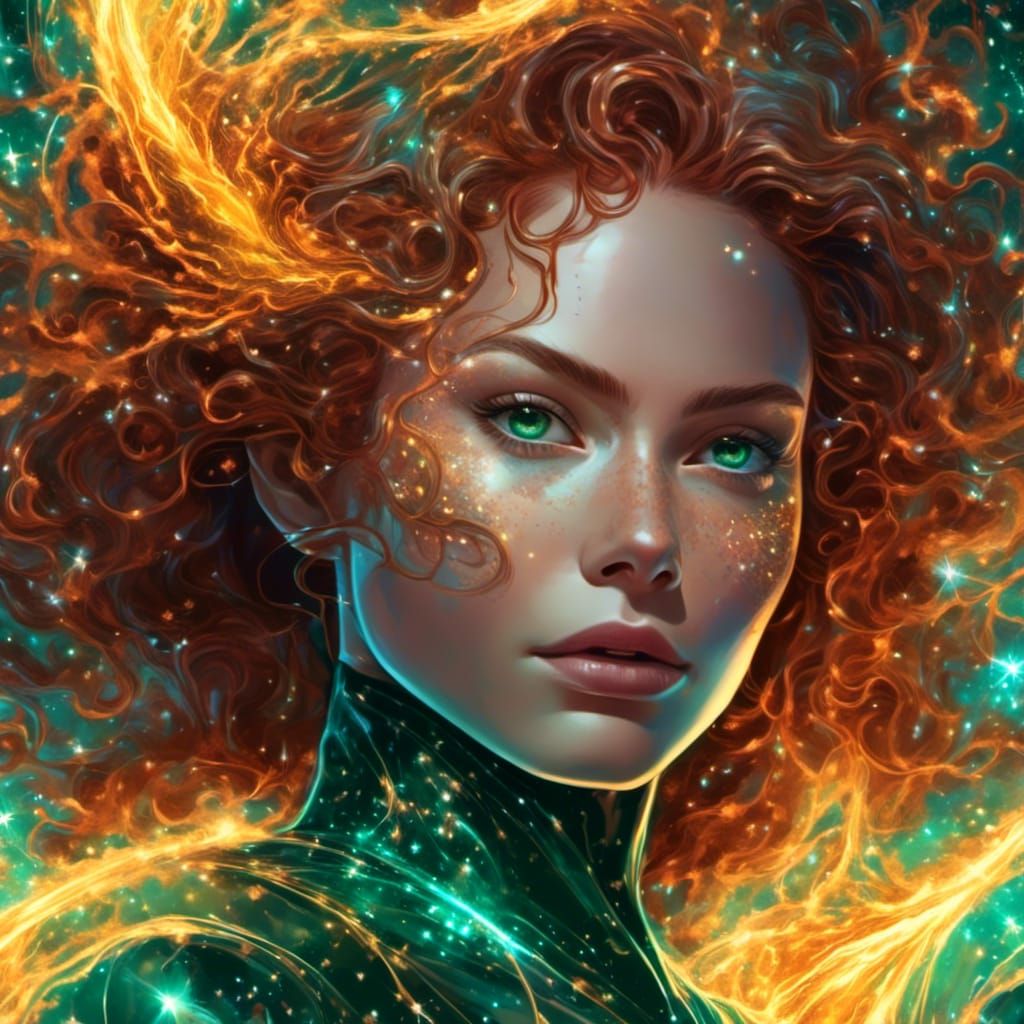 Jean Grey: Cosmic Flames Portrait in Alphonse Mucha Style