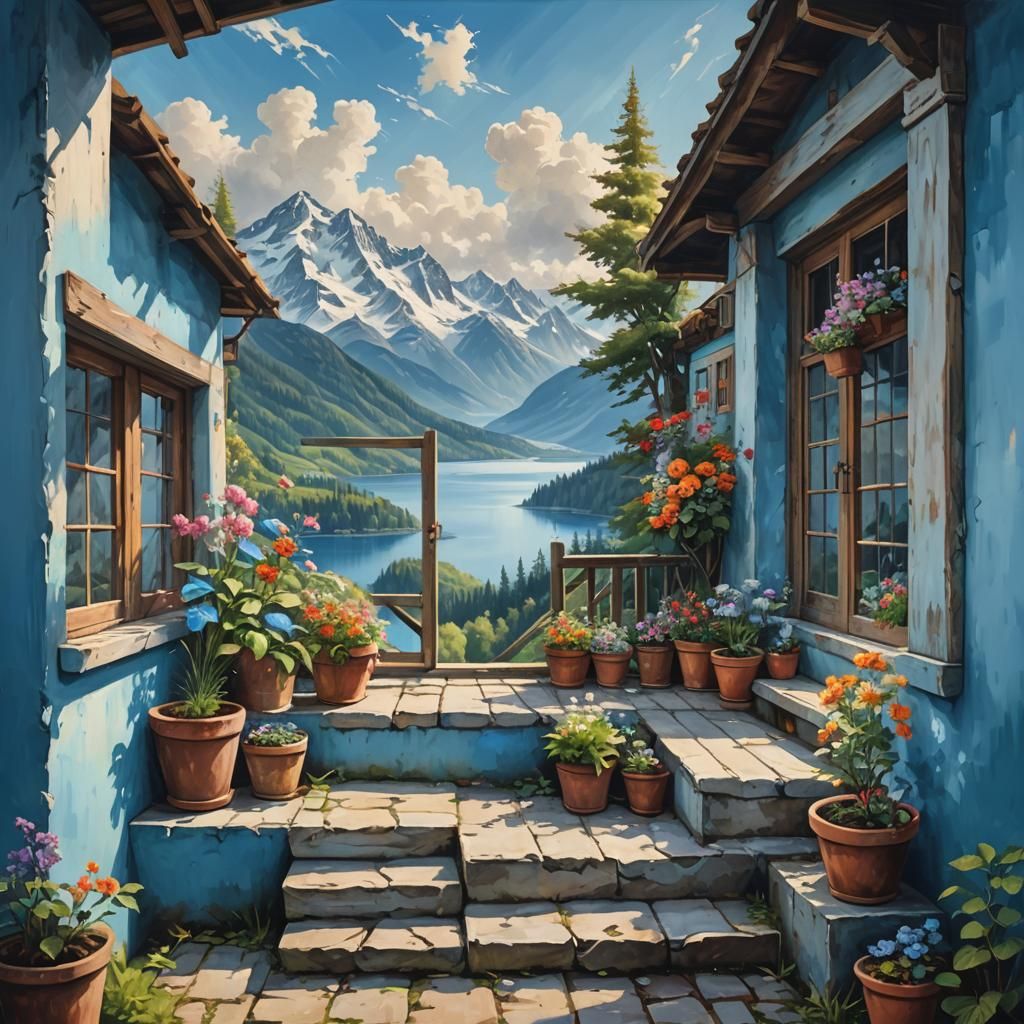 Picturesque Lakeside Cottage with Mountain View in Oil Paint...