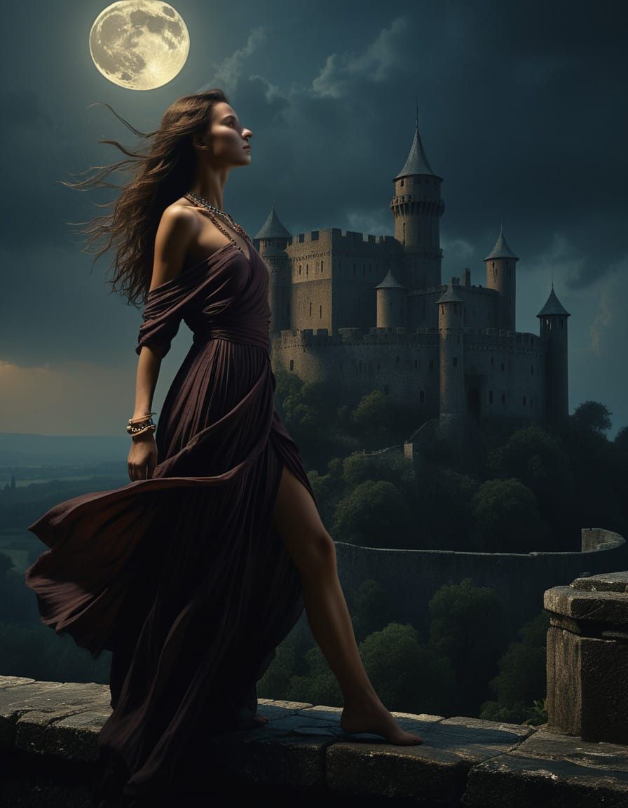 Surreal Woman Contemplates Moonlit Castle at Night, in Photo...